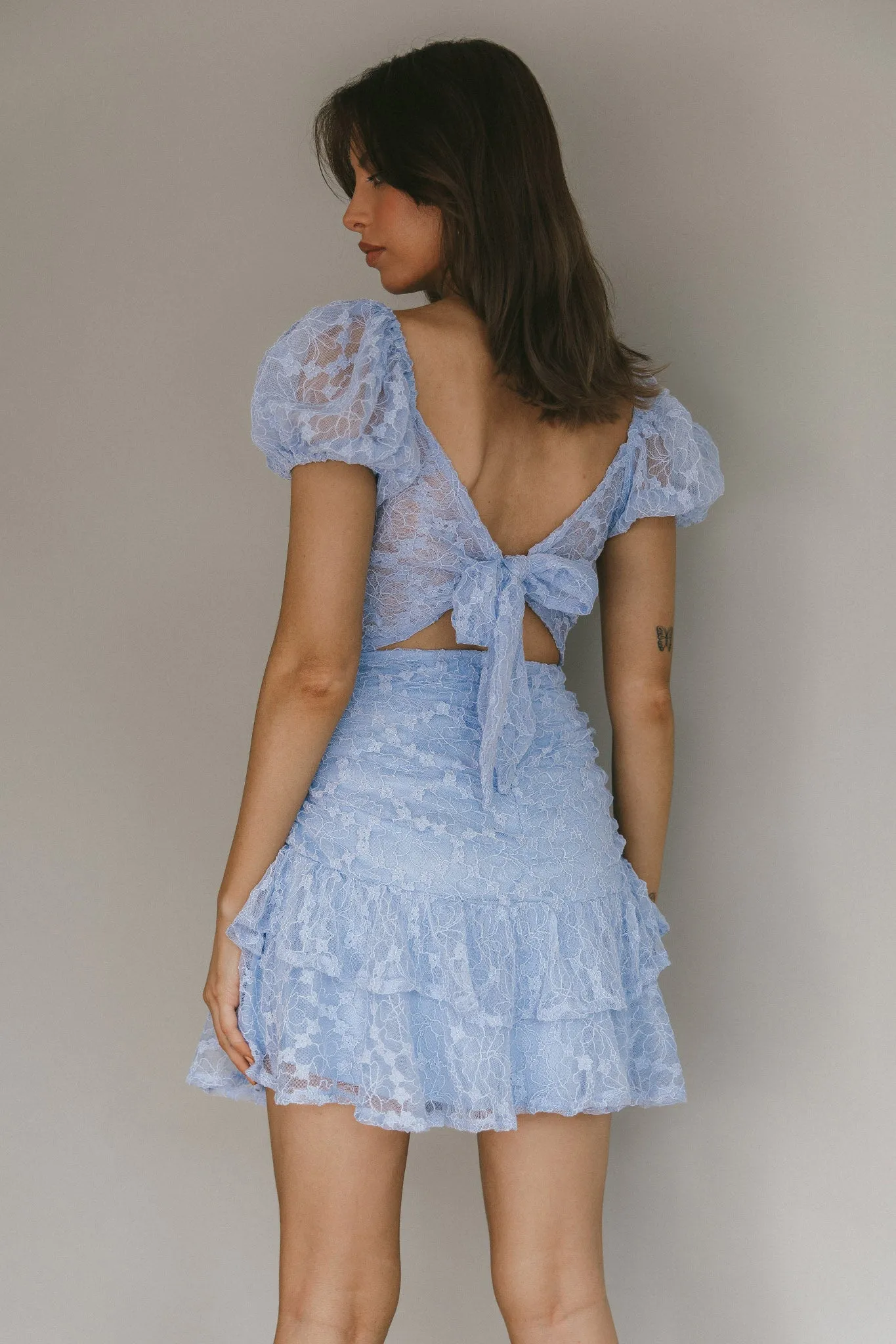 Annabella Puff Sleeve Tied Back Lace Dress Blue