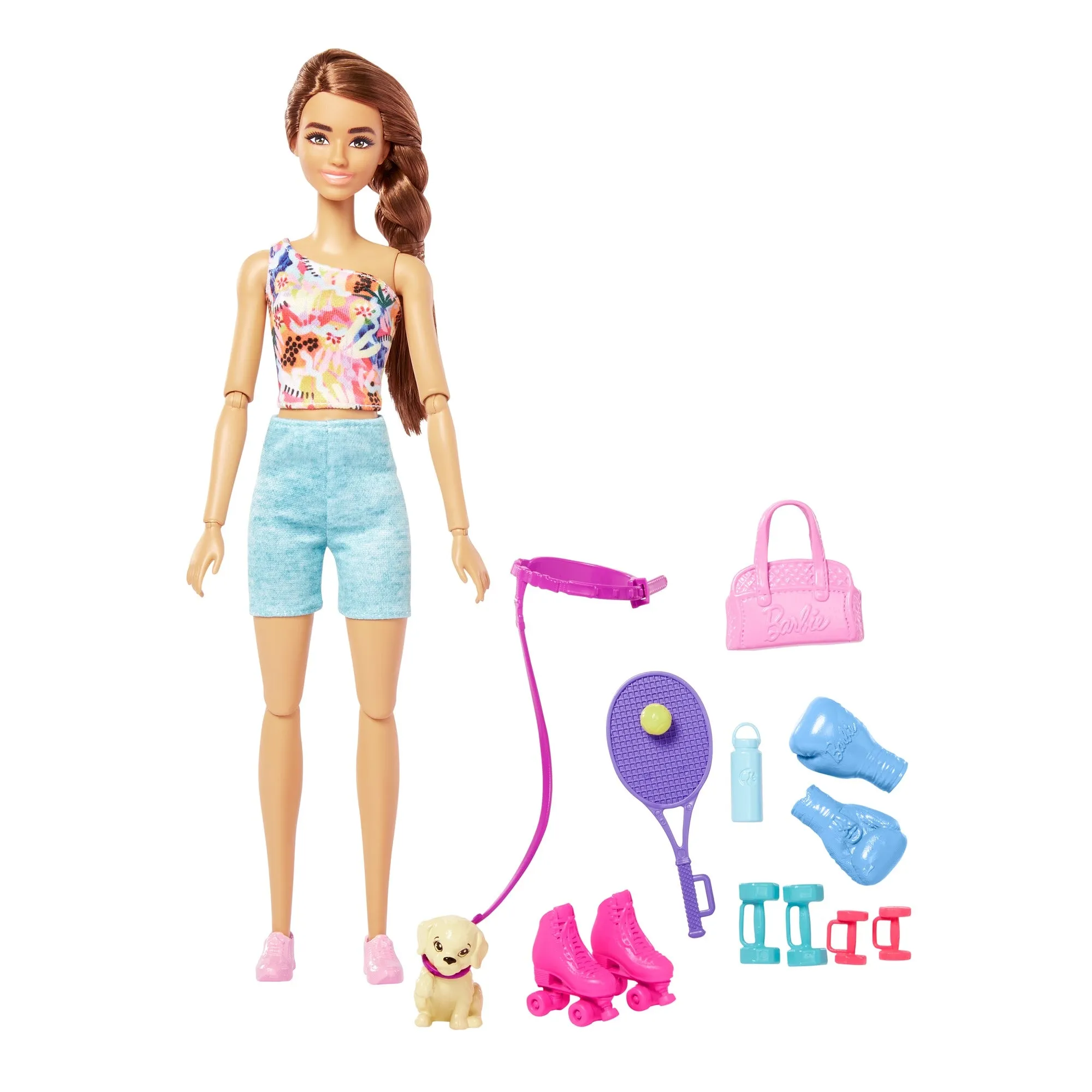 Barbie Wellness Doll Playset with Brunette Doll with Pet Puppy, Barbie Sets, Workout Theme with Accessories, Self-Care Series, Roller Skates and Tennis for Kids Ages 3 