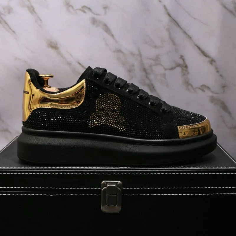 Black Casual Shoes with Gold Rhinestone Skull Design