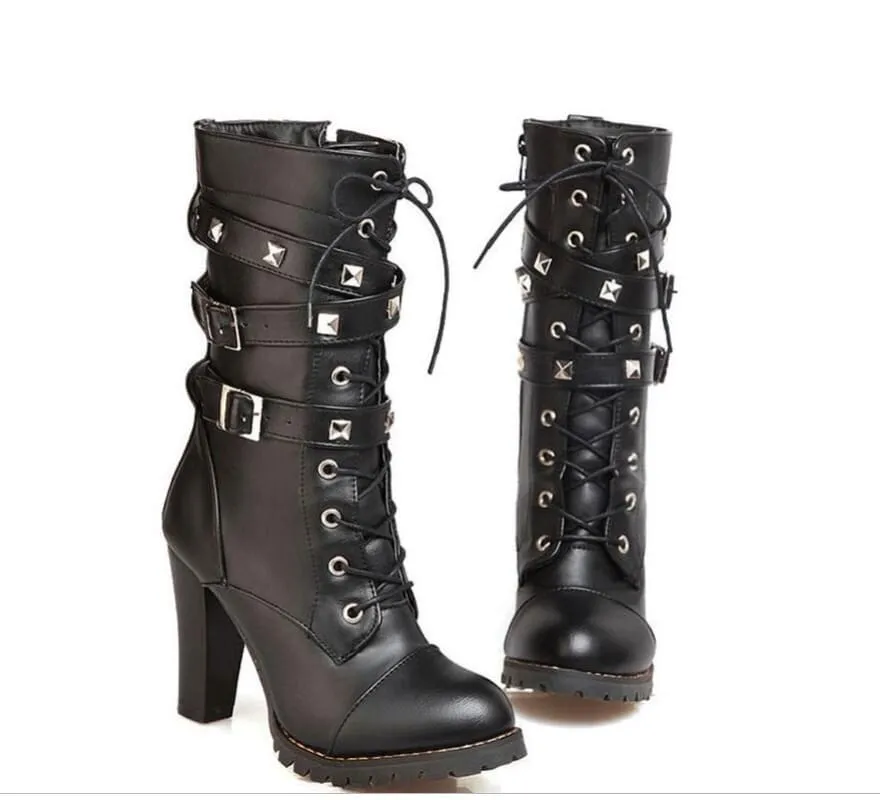 Black Leather Multi Buckle Lace Up Studded Ankle High Boots