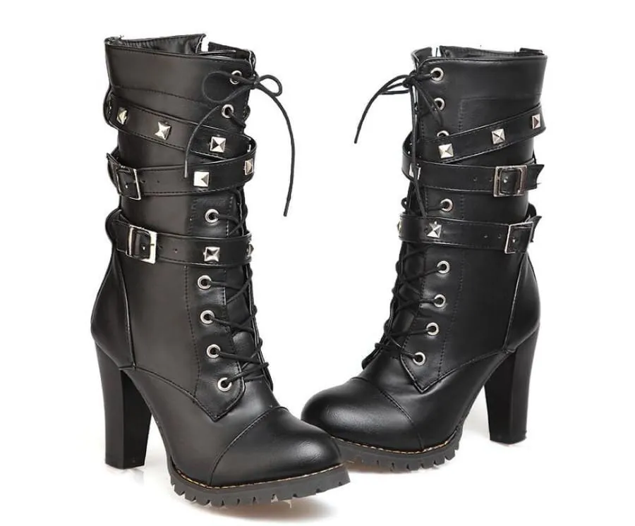 Black Leather Multi Buckle Lace Up Studded Ankle High Boots