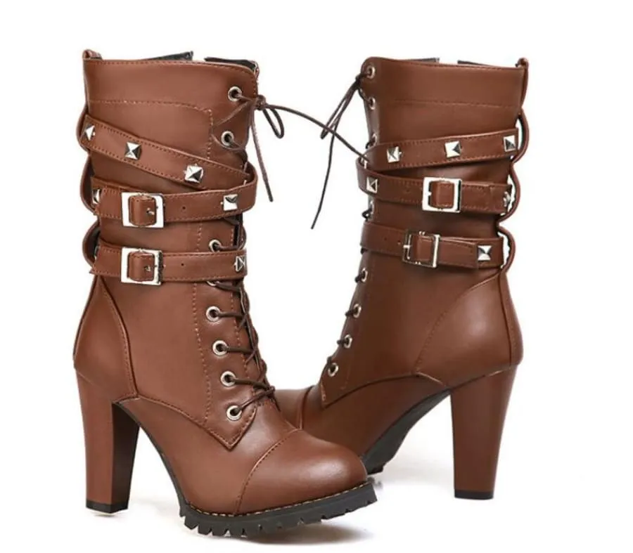 Black Leather Multi Buckle Lace Up Studded Ankle High Boots