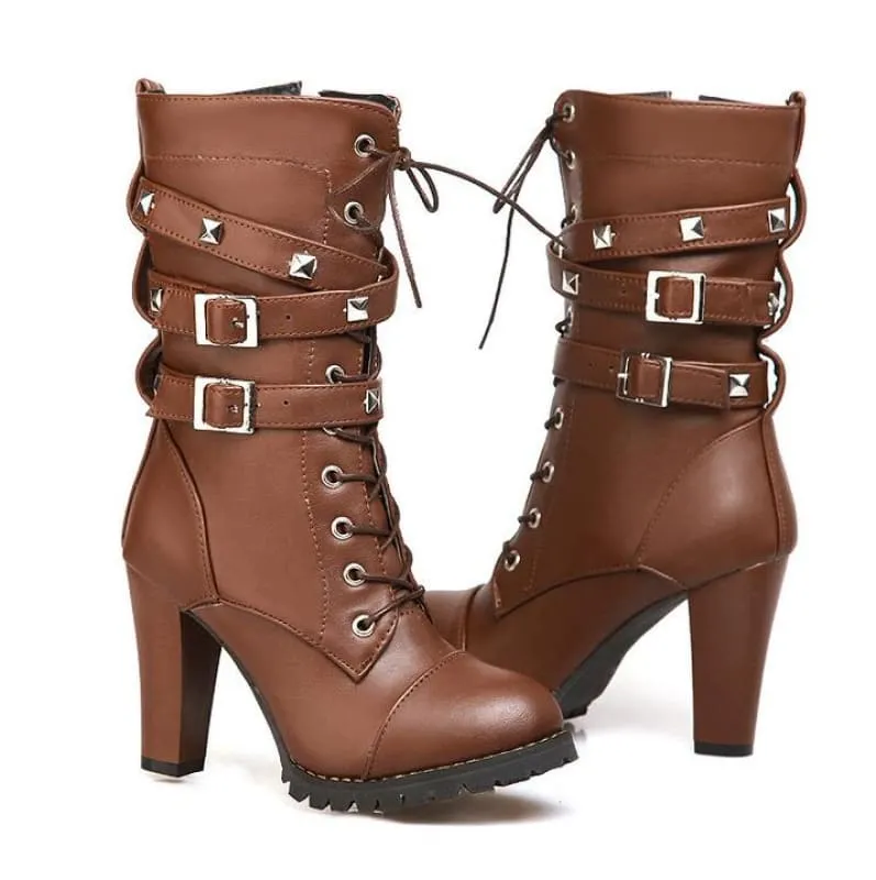 Black Leather Multi Buckle Lace Up Studded Ankle High Boots