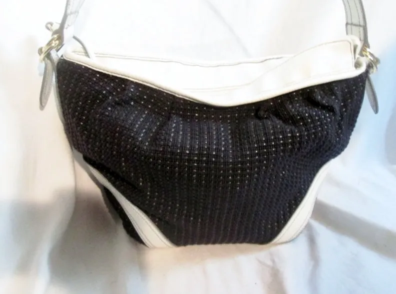 EUC STONE MOUNTAIN leather woven satchel shoulder bag hobo purse BLACK WHITE