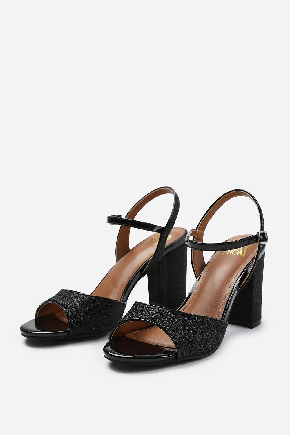 FLORENCE WIDE FIT MID HIGH HEELS WITH ANKLE STRAP IN BLACK GLITTER