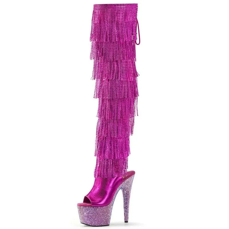 Fuchsia Rhinestone Fringe Nightclub Platform Heel Boots