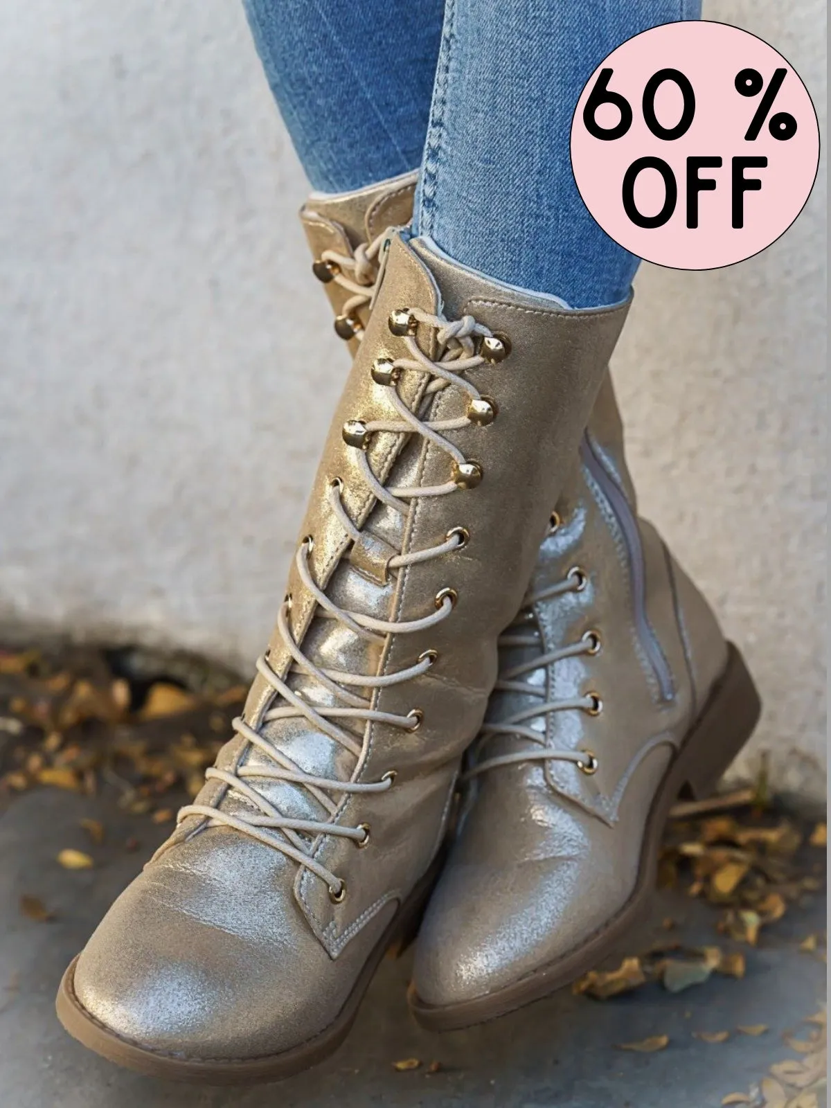 Girls Metallic Lace Up Combat Boots By Liv and Mia