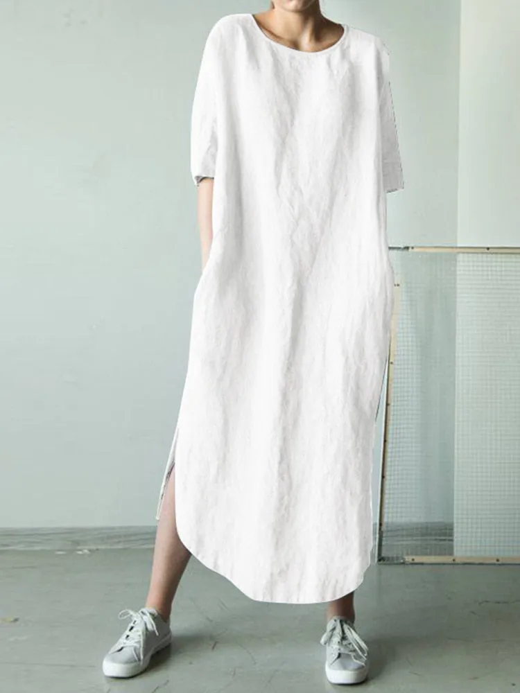 Loose short-sleeve pullover cotton maxi dress