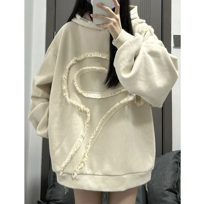 METAVERSMALL Cotton/American design hooded sweater women's autumn and winter versatile loose lazy Hong Kong style top ins trendy velvet thickened