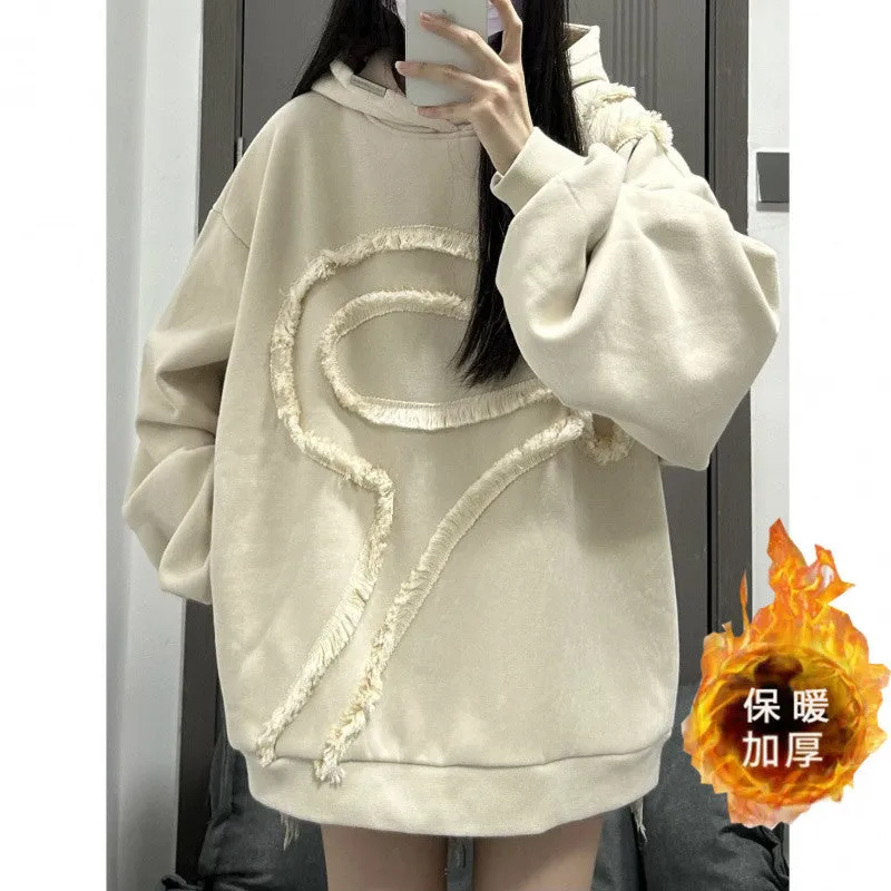 METAVERSMALL Cotton/American design hooded sweater women's autumn and winter versatile loose lazy Hong Kong style top ins trendy velvet thickened