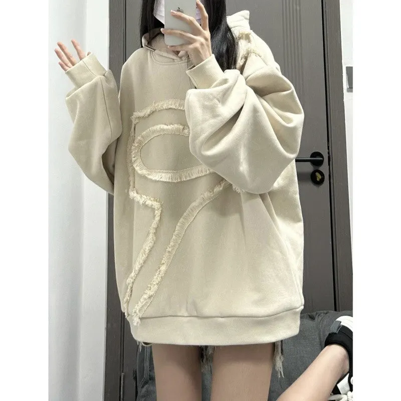 METAVERSMALL Cotton/American design hooded sweater women's autumn and winter versatile loose lazy Hong Kong style top ins trendy velvet thickened