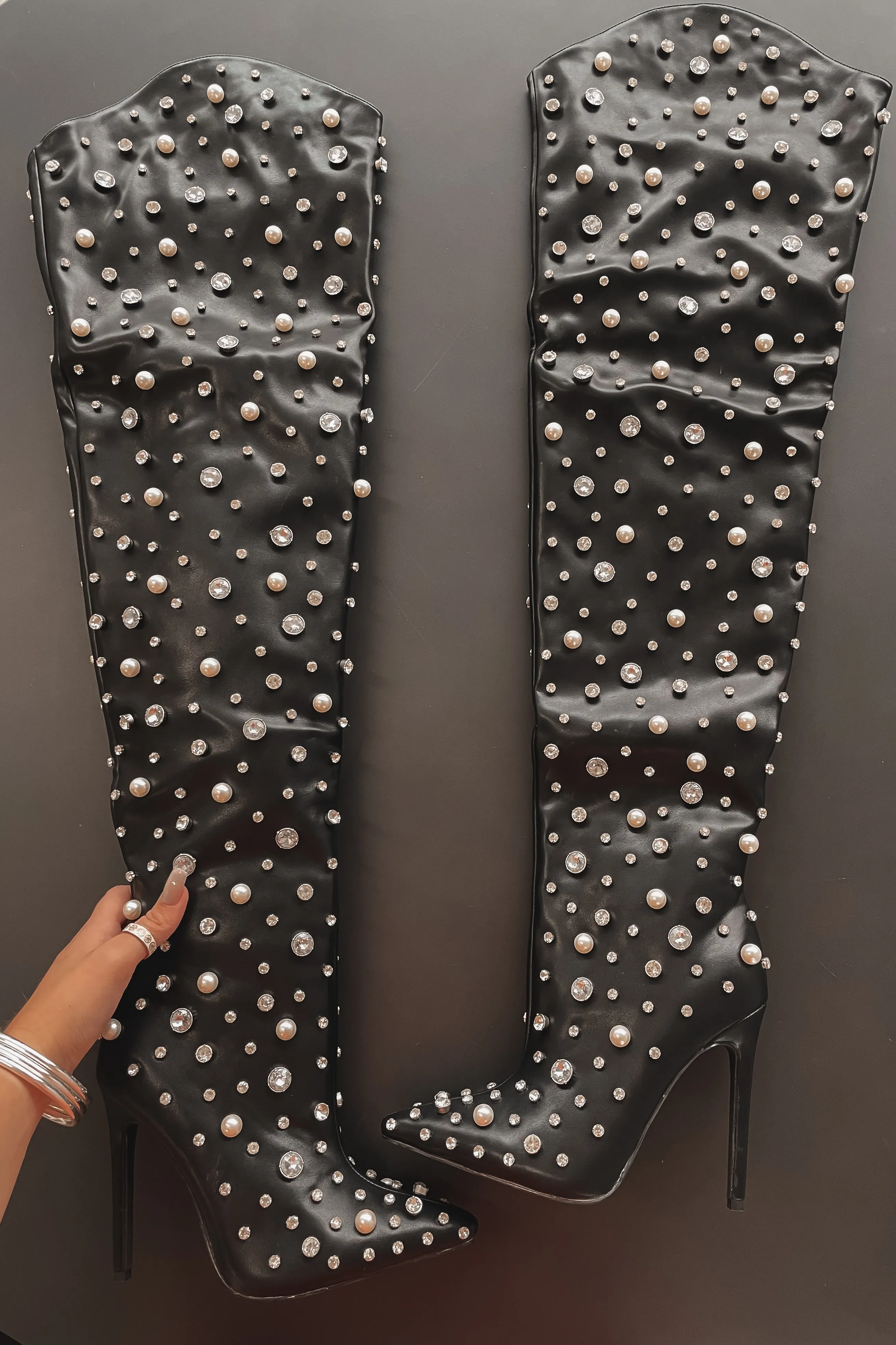 Oh That Look Is Baddd Black Thigh High Rhinestone Pearl Studded Boots