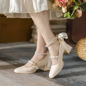 Pearl Ribbon Bow Chunky Heel