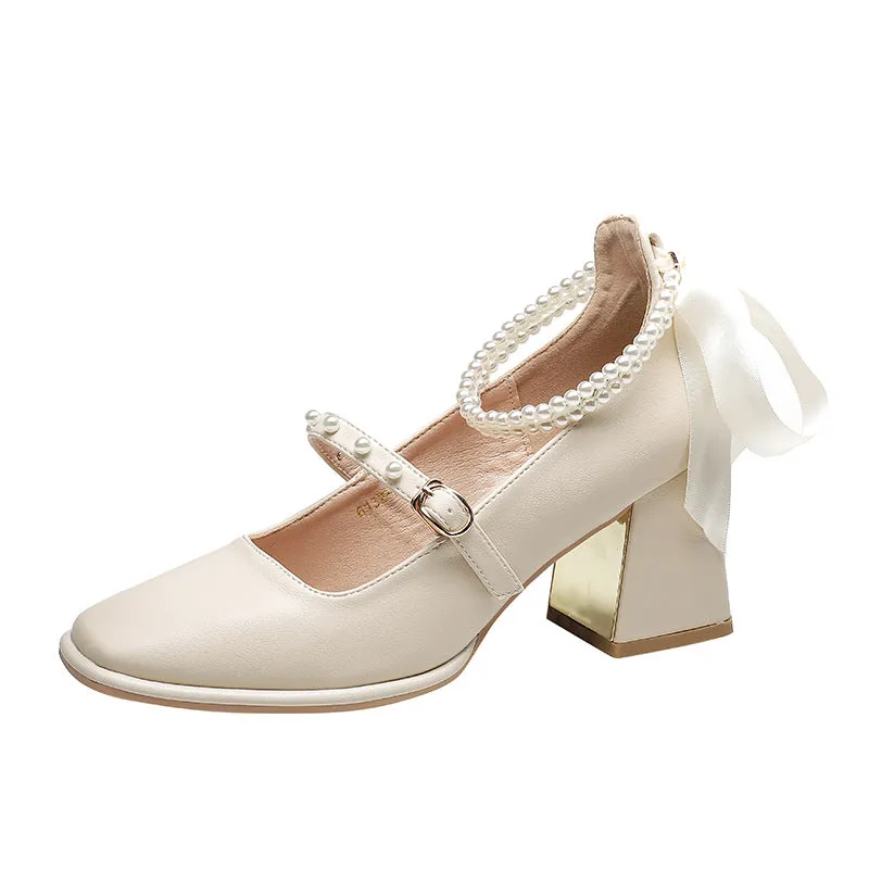 Pearl Ribbon Bow Chunky Heel