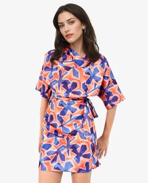 Rareism Women Cagliari Multi Extended Sleeves Boat Neck Zipper Closure A-Line Mini Abstract Print Dress