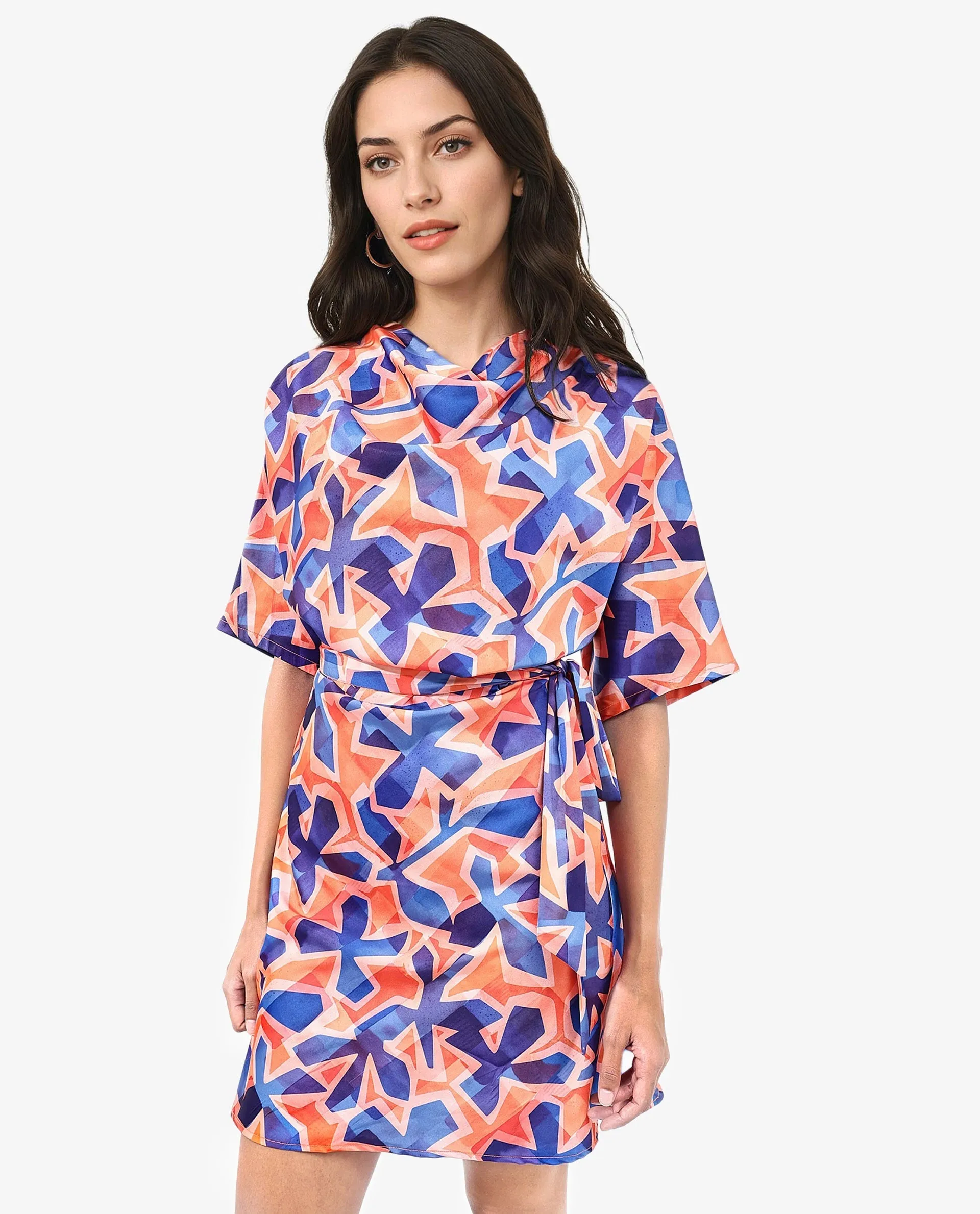 Rareism Women Cagliari Multi Extended Sleeves Boat Neck Zipper Closure A-Line Mini Abstract Print Dress