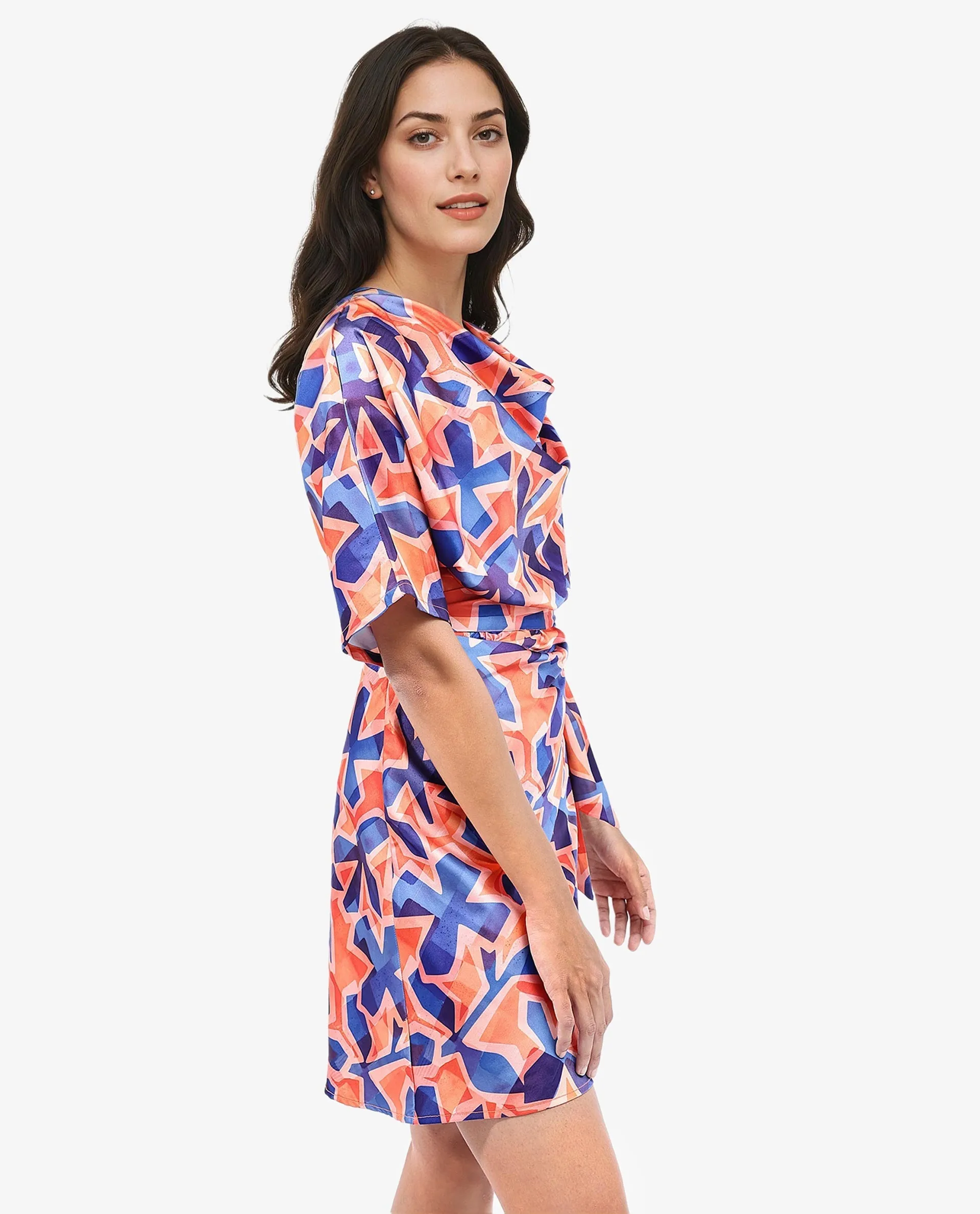 Rareism Women Cagliari Multi Extended Sleeves Boat Neck Zipper Closure A-Line Mini Abstract Print Dress