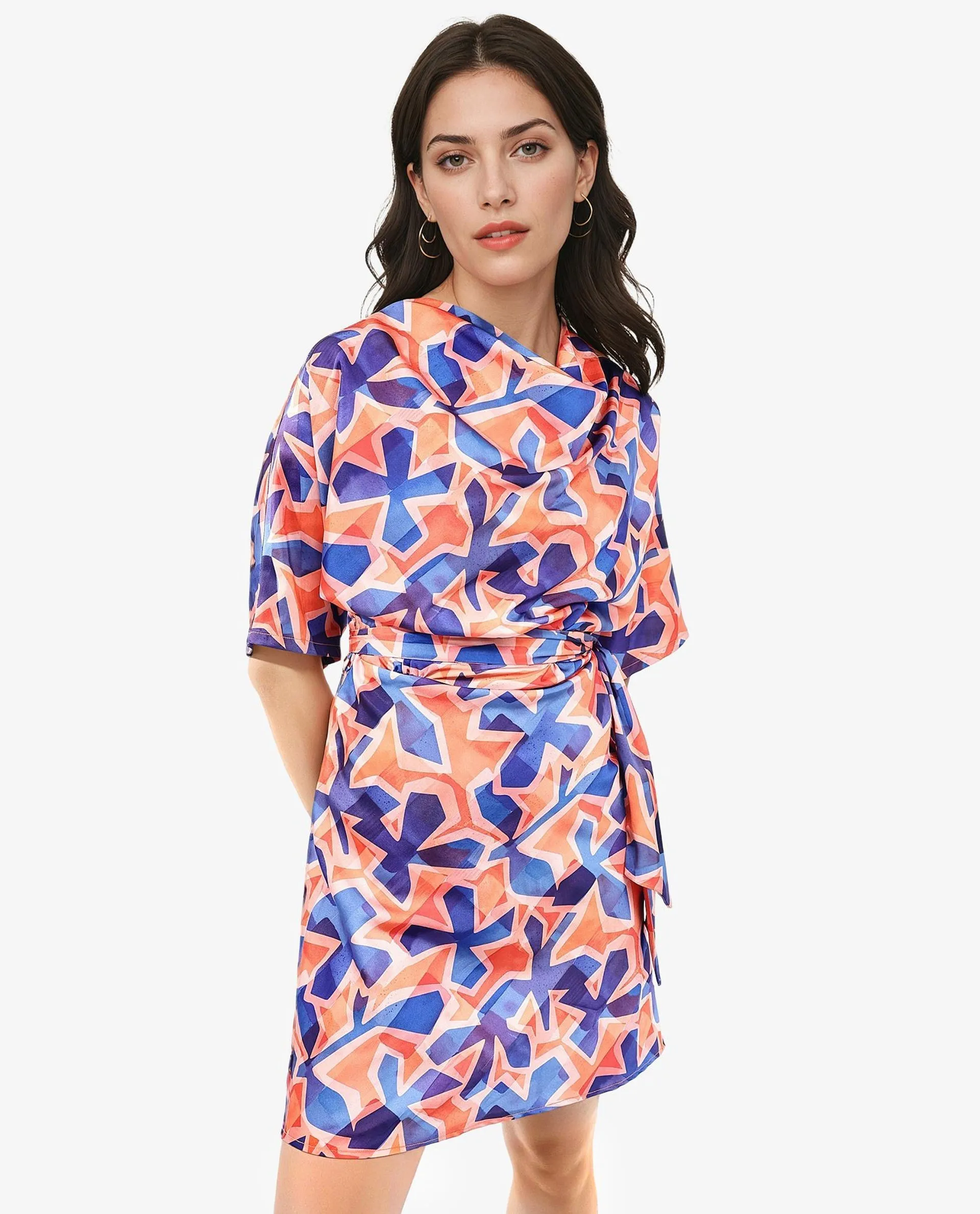 Rareism Women Cagliari Multi Extended Sleeves Boat Neck Zipper Closure A-Line Mini Abstract Print Dress