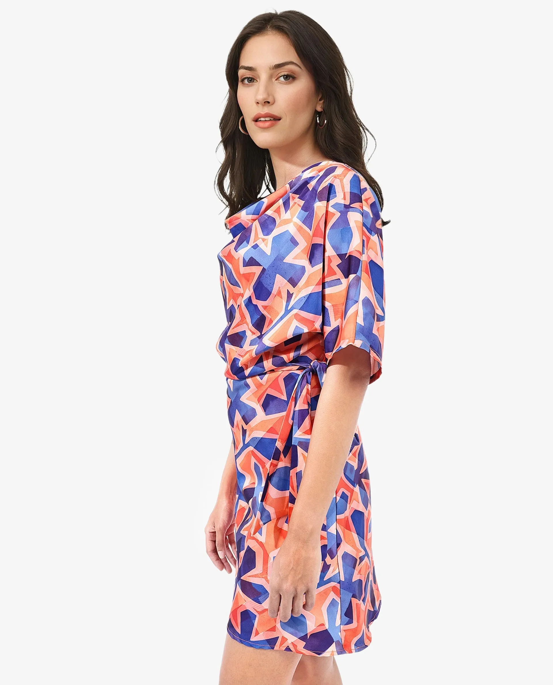 Rareism Women Cagliari Multi Extended Sleeves Boat Neck Zipper Closure A-Line Mini Abstract Print Dress