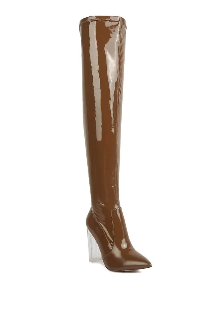 Sleek Patent Over-the-Knee Boots with Eye-Catching Transparent Block Heels