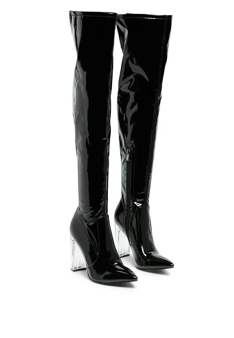 Sleek Patent Over-the-Knee Boots with Eye-Catching Transparent Block Heels