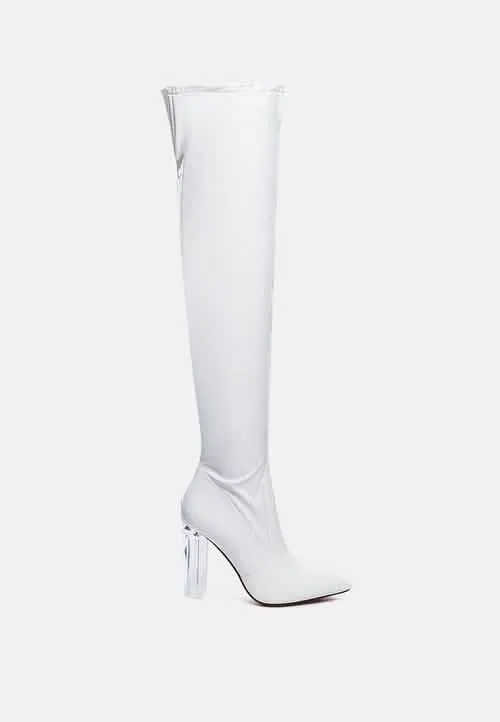 Sleek Patent Over-the-Knee Boots with Eye-Catching Transparent Block Heels