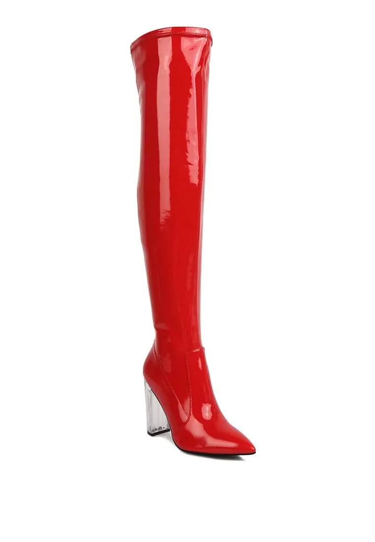 Sleek Patent Over-the-Knee Boots with Eye-Catching Transparent Block Heels