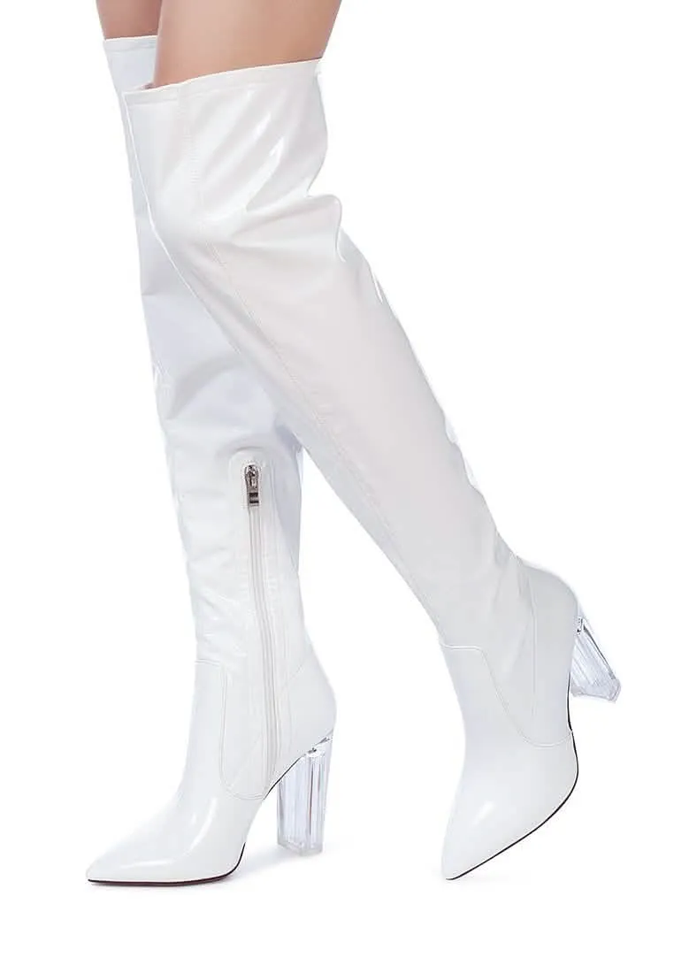 Sleek Patent Over-the-Knee Boots with Eye-Catching Transparent Block Heels