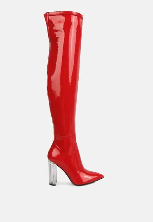 Sleek Patent Over-the-Knee Boots with Eye-Catching Transparent Block Heels