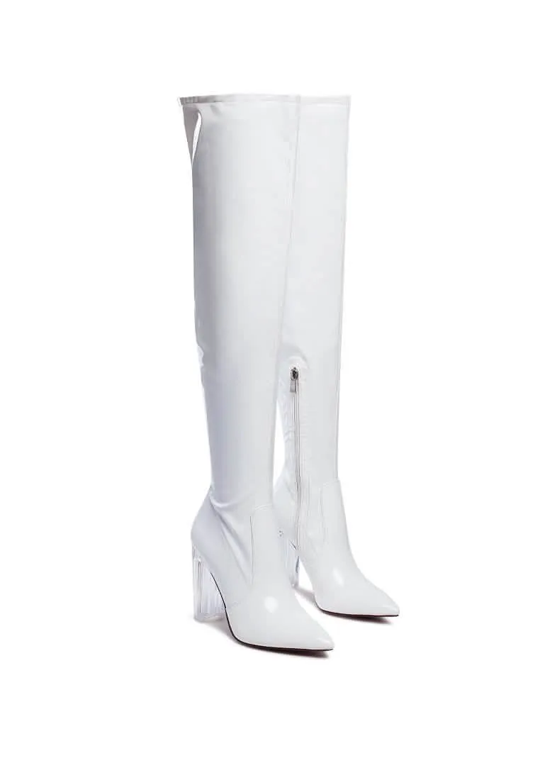 Sleek Patent Over-the-Knee Boots with Eye-Catching Transparent Block Heels