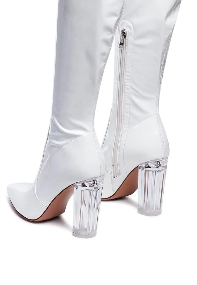 Sleek Patent Over-the-Knee Boots with Eye-Catching Transparent Block Heels