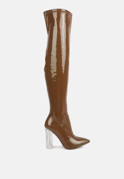 Sleek Patent Over-the-Knee Boots with Eye-Catching Transparent Block Heels