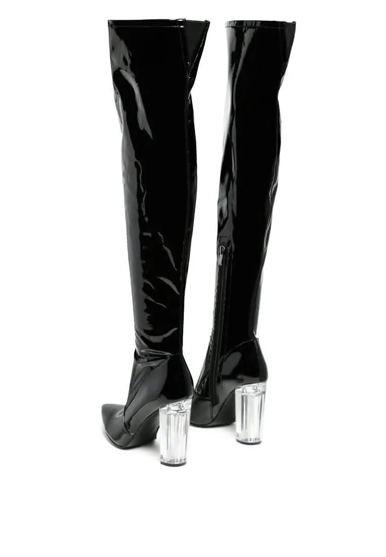 Sleek Patent Over-the-Knee Boots with Eye-Catching Transparent Block Heels