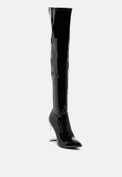 Sleek Patent Over-the-Knee Boots with Eye-Catching Transparent Block Heels