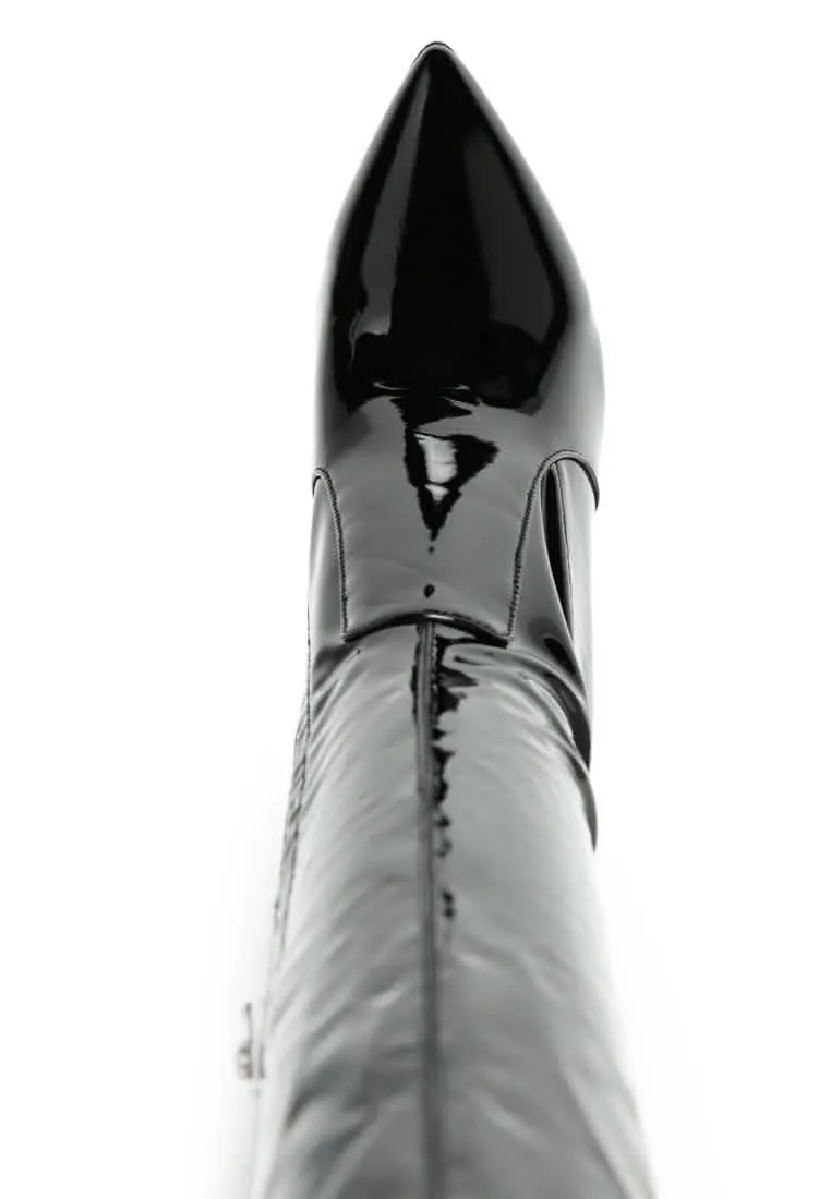 Sleek Patent Over-the-Knee Boots with Eye-Catching Transparent Block Heels