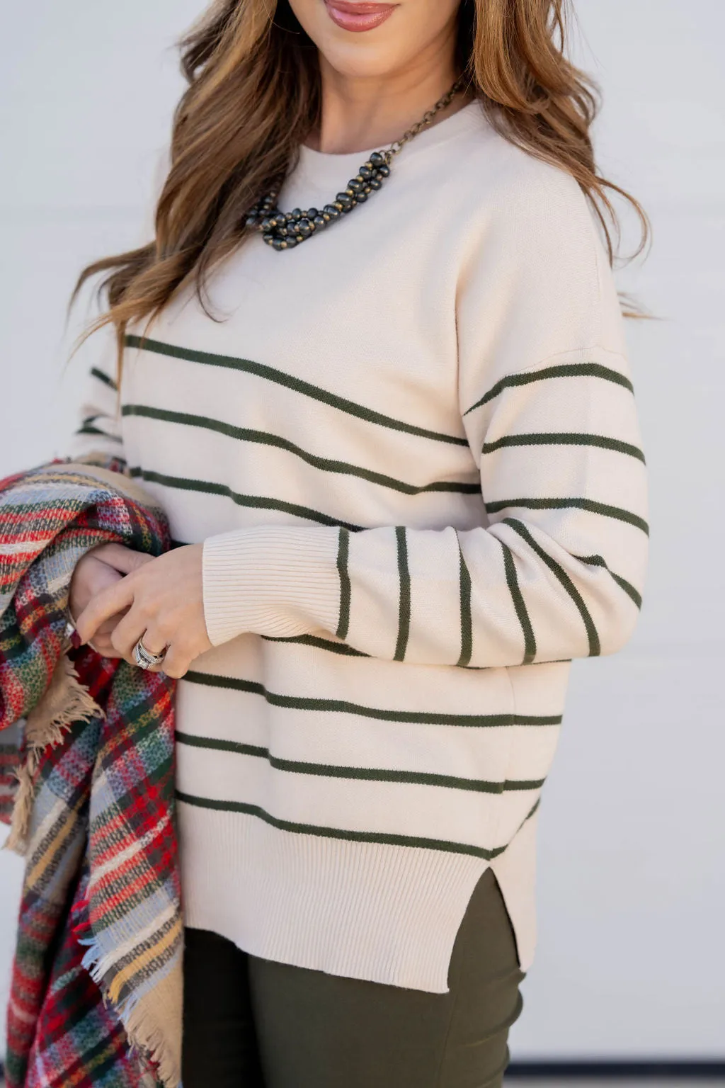 Striped Bottom Side Slit Sweater