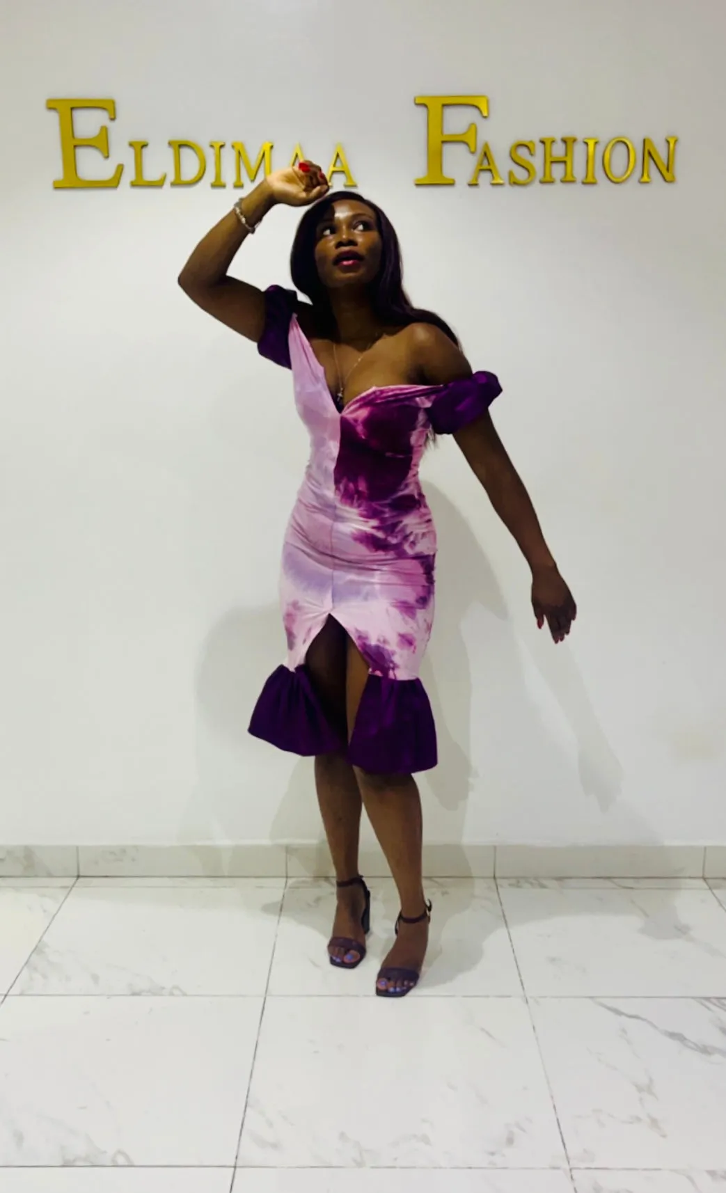 The Ewa Adire Tie Dye Lycra Bodycon Midi Dress in Violet Purple by Eldimaa Fashion