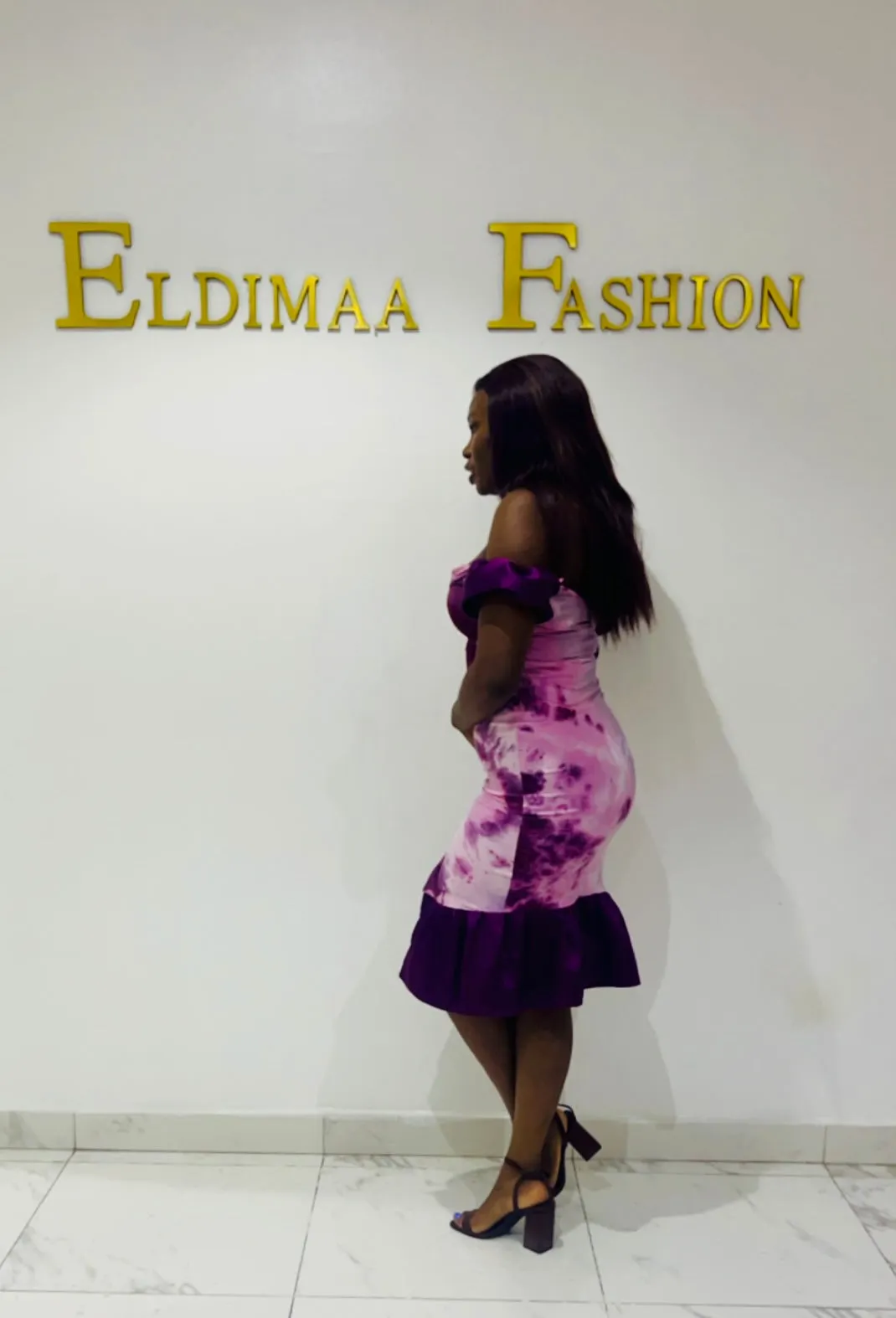 The Ewa Adire Tie Dye Lycra Bodycon Midi Dress in Violet Purple by Eldimaa Fashion