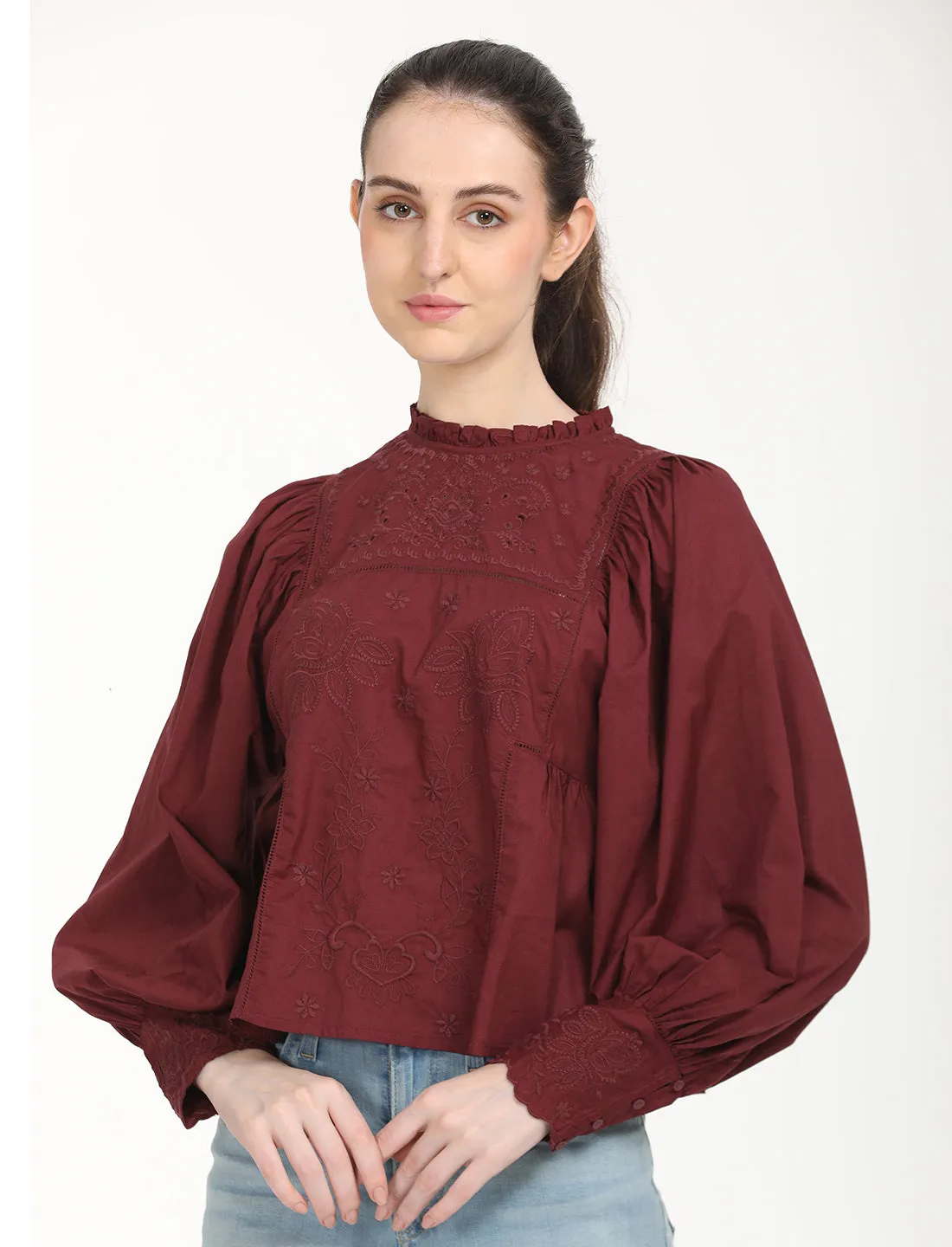 Women's Solid Maroon High Neck Top