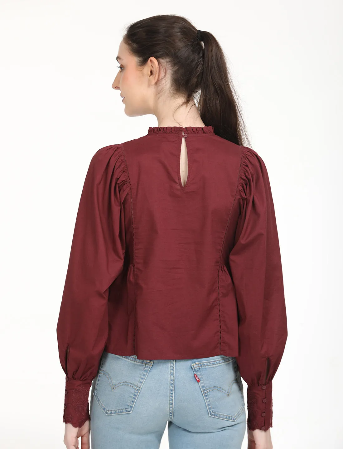 Women's Solid Maroon High Neck Top