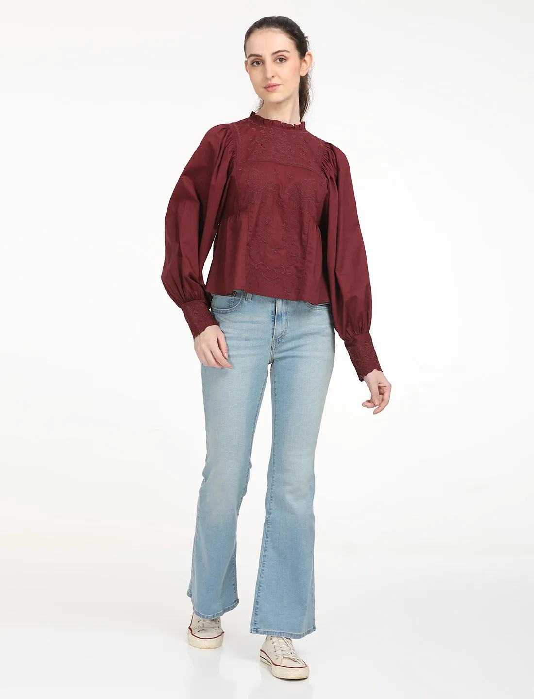 Women's Solid Maroon High Neck Top