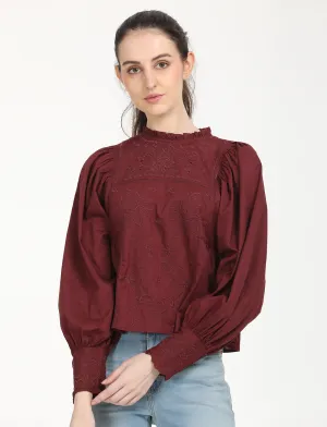 Women's Solid Maroon High Neck Top